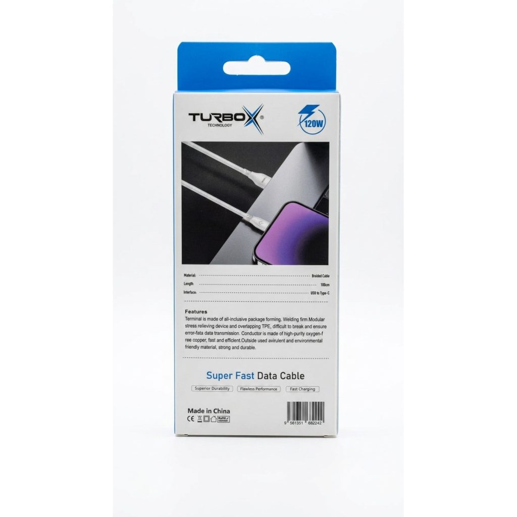 TurboX Technology USB Type-C data cable designed for fast charging and data transfer.