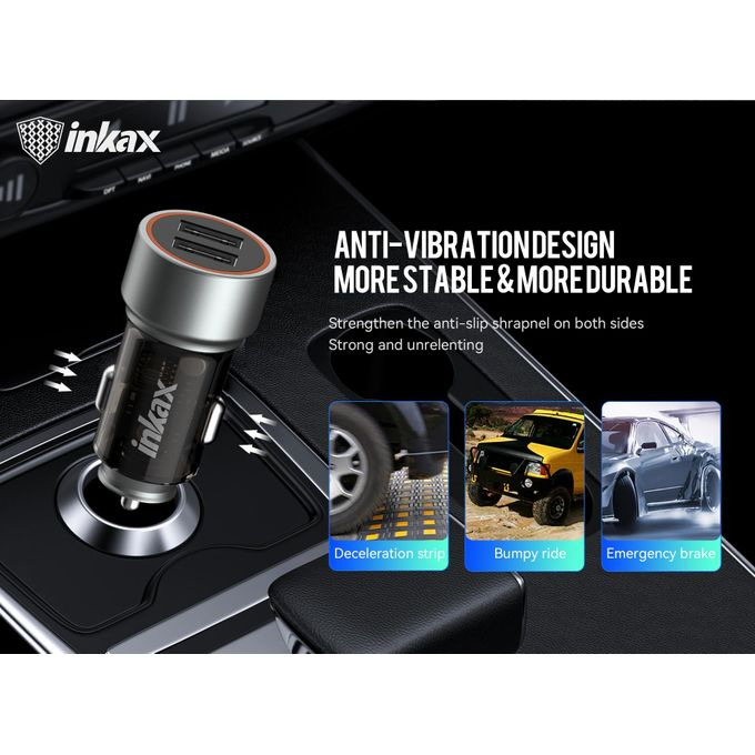 شاحن سيارة إنكاكس (Inkax) موديل CA-59 هو شاحن سريع معدني بتصميم مزدوج لمنفذي USB-C وبقوة إجمالية تصل إلى 60 واط (PD 30W + PD 30W).